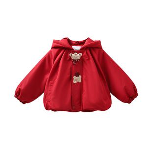 玛米玛卡女童过年红色棉服2025冬季新款儿童连帽甜可爱风外套