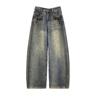 侧边刺绣设计加绒牛仔弯刀裤女冬新款高腰宽松显瘦百搭直筒香蕉裤