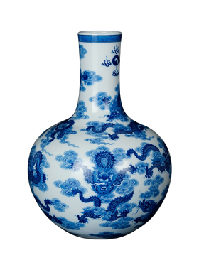 钟家窑台面花瓶 景德镇柴窑青花手工手绘青花九龙天球瓶高41.5cm