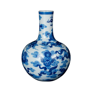 钟家窑台面花瓶 景德镇柴窑青花手工手绘青花九龙天球瓶高41.5cm