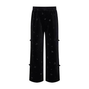 Little Naive女童丝绒直筒裤秋冬季蝴蝶压花长裤儿童百搭加绒裤子