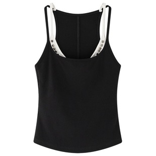 十一石 高街辣妹 美式假两件吊带背心女夏外穿铆钉撞色短上衣ll