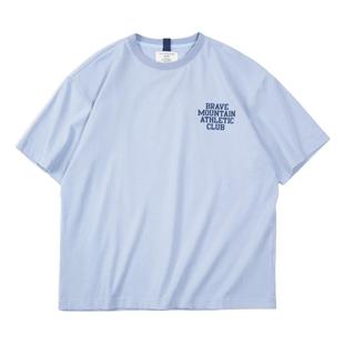 马登工装 美式休闲马卡龙短袖t恤字母印花天蓝色纯棉圆领体恤男夏