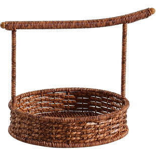 KENS仿藤编手提篮复古零食糕点圆形提篮点心盘家用干果糖水果篮