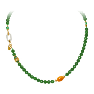 LEFTGO左戈正品天然和田碧玉项链女款手链三用珍珠蜜蜡圆珠锁骨链