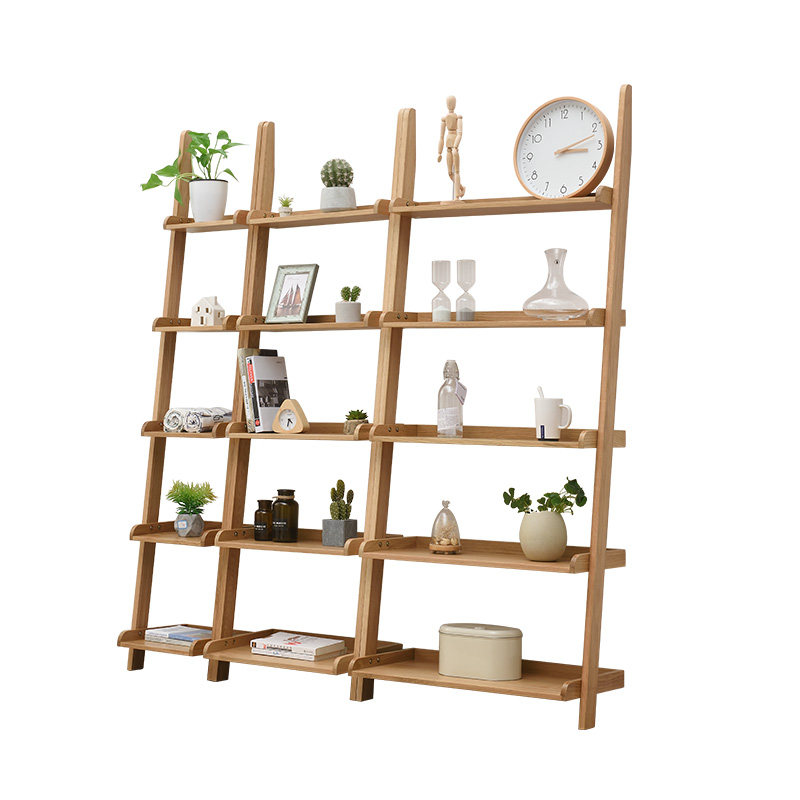 北欧橡木书架梯形置物架实木书架落地多层客厅梯子靠墙架阶梯式