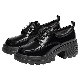 KISSCAT接吻猫新款系带英伦风小皮鞋增高真皮黑色厚底乐福鞋女