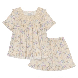 Ullala甜美碎花夏季新款方领棉质短袖蕾丝边家居服睡衣套装可外穿