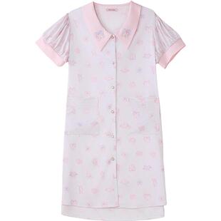 tutuanna新品睡裙女夏 公主风色丁满印透气前扣短袖睡裙家居服女