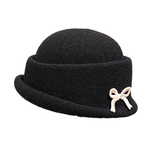 千金风蝴蝶结针织渔夫帽女秋冬卷边显脸小名媛风优雅礼帽黑色盆帽
