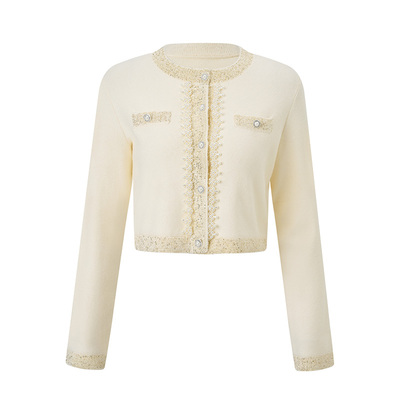 MAXRIENY小香风针织开衫25冬款钉珠织带针织短外套暖冬甜美感千金