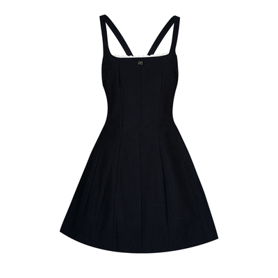 露背绑带设计撞色花边连衣裙