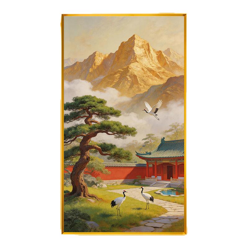 新中式山水风景十字绣客厅玄关仙鹤迎客松满绣自己手工精准印花绣