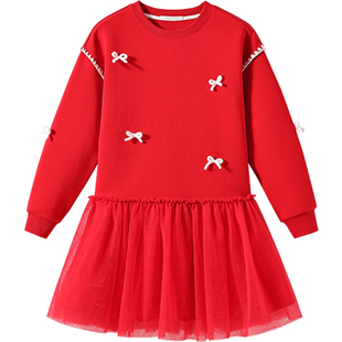 【新年】英氏女童连衣裙2026春季新款儿童公主裙过年礼服红色裙子