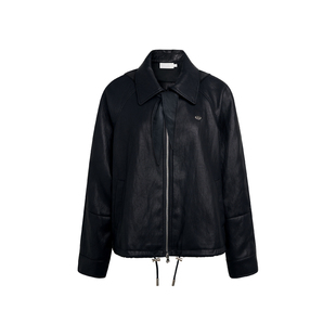 Kroche 俏皮软语 可拆卸帽子 翻领抽绳宽松挺阔黑色皮衣外套