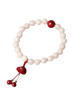 天然白玉菩提根朱砂莲花手串佛珠圆形男女转运珠手链本命年饰品