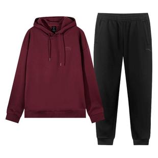 安踏青少年运动套装男冬季新款红色连帽加绒卫衣休闲裤子两件套男