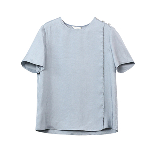 HONRN/红人休闲宽松蓝色短袖圆领正肩衬衫上衣女夏款HH22SY817