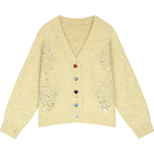 妖精的口袋重工亮片淡黄毛衣开衫女2026春秋新款慵懒风软糯外套