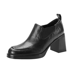 星期六一脚蹬深口单鞋女2026春秋季新款圆头粗跟乐福鞋黑色高跟鞋