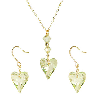 清爽亮绿 施家稀有色爱心水晶美进口14K包金注金耳环项链耳夹套装