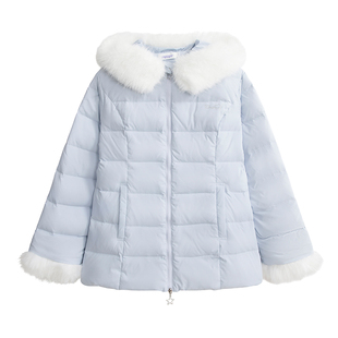 UNIFREEPLUS大码浅蓝毛领羽绒服女收腰防风学院通勤风排骨外套