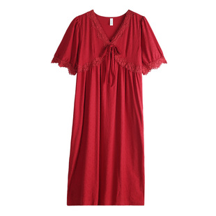 轩靓情侣睡裙女夏季针织棉短袖长裙红色本命年结婚男士睡衣家居服