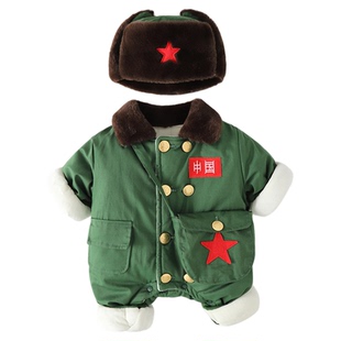 宝宝军装冬装加绒保暖满月小红军儿童连体衣周岁军大衣男女童棉衣