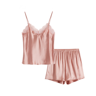 美标新品真丝吊带睡衣套装女夏冰氧凉感丝绸性感蕾丝桑蚕丝家居服