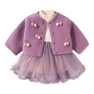 女童连衣裙秋冬新款洋气儿童公主裙套装冬季加绒宝宝外套周岁礼服