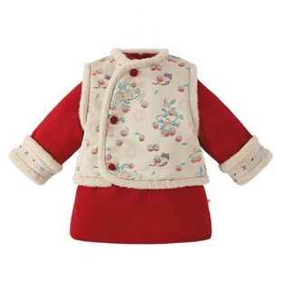 [7A抑菌]女童国风连衣裙儿童冬加绒唐装两件套红色吉祥过年拜年服