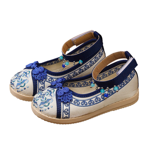 汉服鞋子女童春秋古风国风老北京儿童布鞋手工古装民族风绣花鞋夏