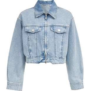 ONLY2026春季新款纯棉复古落肩长袖双向拉链翻领宽松牛仔外套女