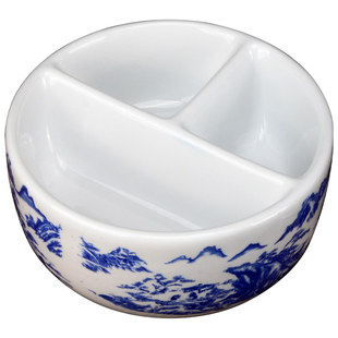 书法毛笔笔洗景德镇陶瓷陶瓷三格青花洗笔缸调色盘国画砚台墨池笔洗青花大号调色盘墨碟笔缸书法国画用品文房