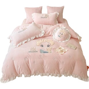 卡通公主冬季保暖牛奶绒四件套加厚珊瑚绒被套床单少女心艾莎床品