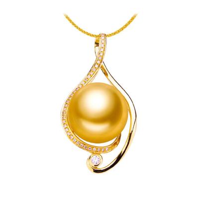 南洋金珠吊坠18K金钻石天然色海水珍珠项坠项链深金强光音符背镶
