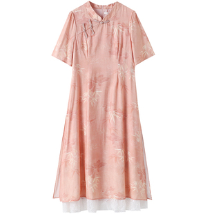 300斤改良旗袍裙胖莹莹特大码女装新中式盘扣气质碎花蕾丝连衣裙