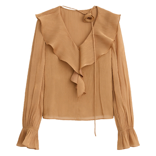 DPLAY法式千金风鎏光衬衣女26早春新款V领荷叶边衬衫长袖气质上衣