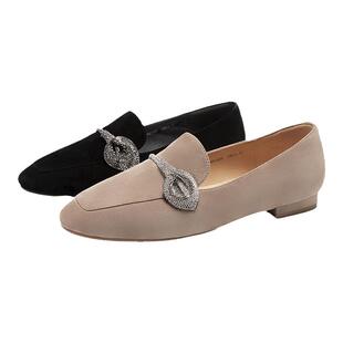 千百度羊皮通勤低跟乐福鞋女款春秋气质小皮鞋豆豆鞋平底单鞋百搭