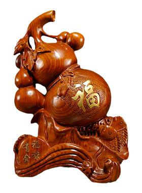 花梨木雕刻福禄有鱼装饰葫芦摆件