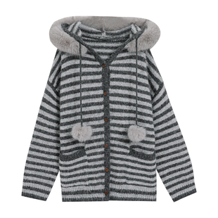 大码胖mm超好看独特漂亮毛茸茸连帽宽松上衣女条纹毛衣开衫中长款