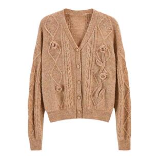 鲁思蒂美拉德长袖针织衫女2024新款初秋开衫外套时尚V领慵懒上衣