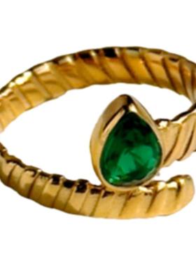 钛钢复古水滴锆石防水开口戒指