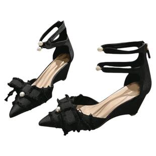 2025新款一字带仙女风蝴蝶结真皮高跟鞋女春秋珍珠尖头坡跟凉鞋女