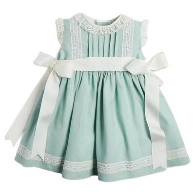 three sailors英伦女童飞袖连衣裙夏季棉麻英伦宝宝公主蕾丝裙子