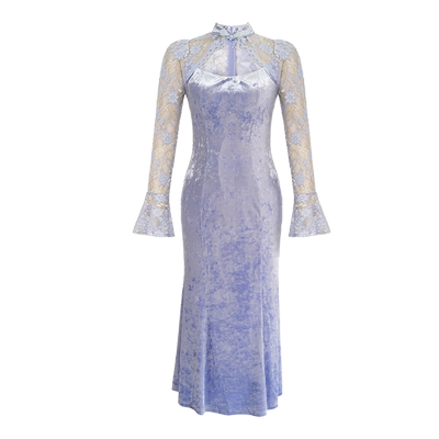 蕾丝长袖宫廷风包臀丝绒连衣裙