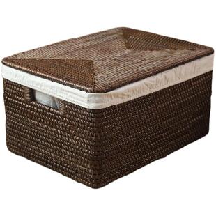 收纳筐藤编咖啡棕色盒衣物杂物带盖桌面编织带盖中式侘寂风