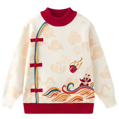 [VIP]MQD童装儿童毛衣2025冬装新款男童半高领针织衫新年绣花国风