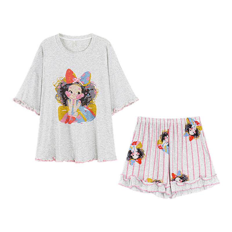 AN睡衣女夏季网红油画风少女家居服卡通莫代尔冰凉丝薄款短袖套装