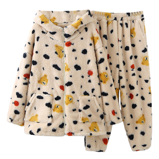 冬季大码珊瑚绒连帽睡衣家居服套装女240斤胖mm亲肤居家服两件套